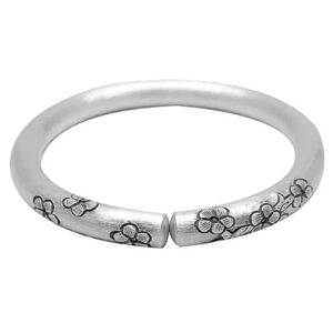 Vintage Flower Engraved Sterling Silver Cuff Bangle Bracelet